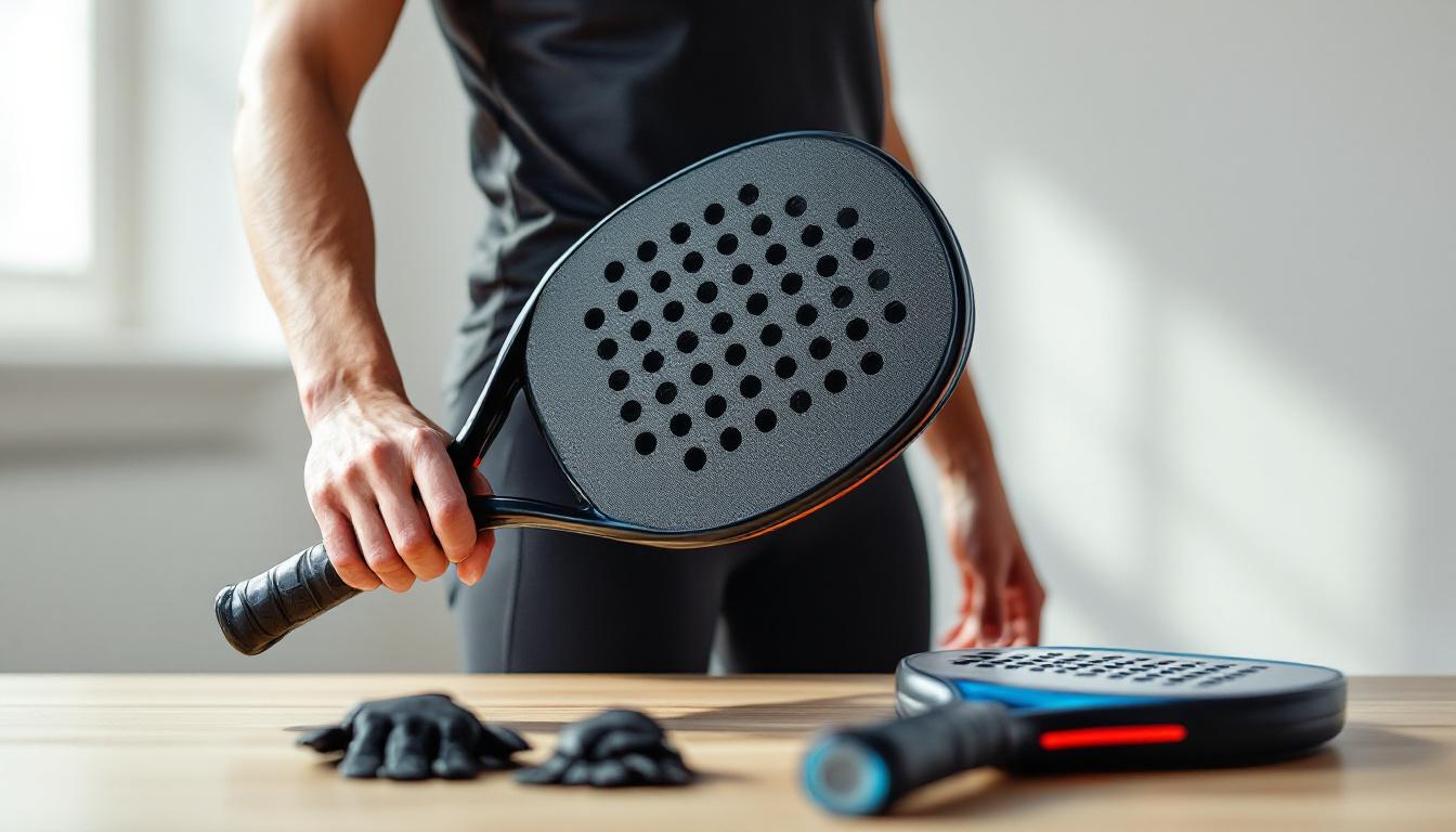 Professional editorial photograph of how to choose a padel racket, 85mm lens, f/2.8 aperture, natural window light, shallow depth of field, photorealistic, high-end commercial shoot, sharp focus, award-winning photography